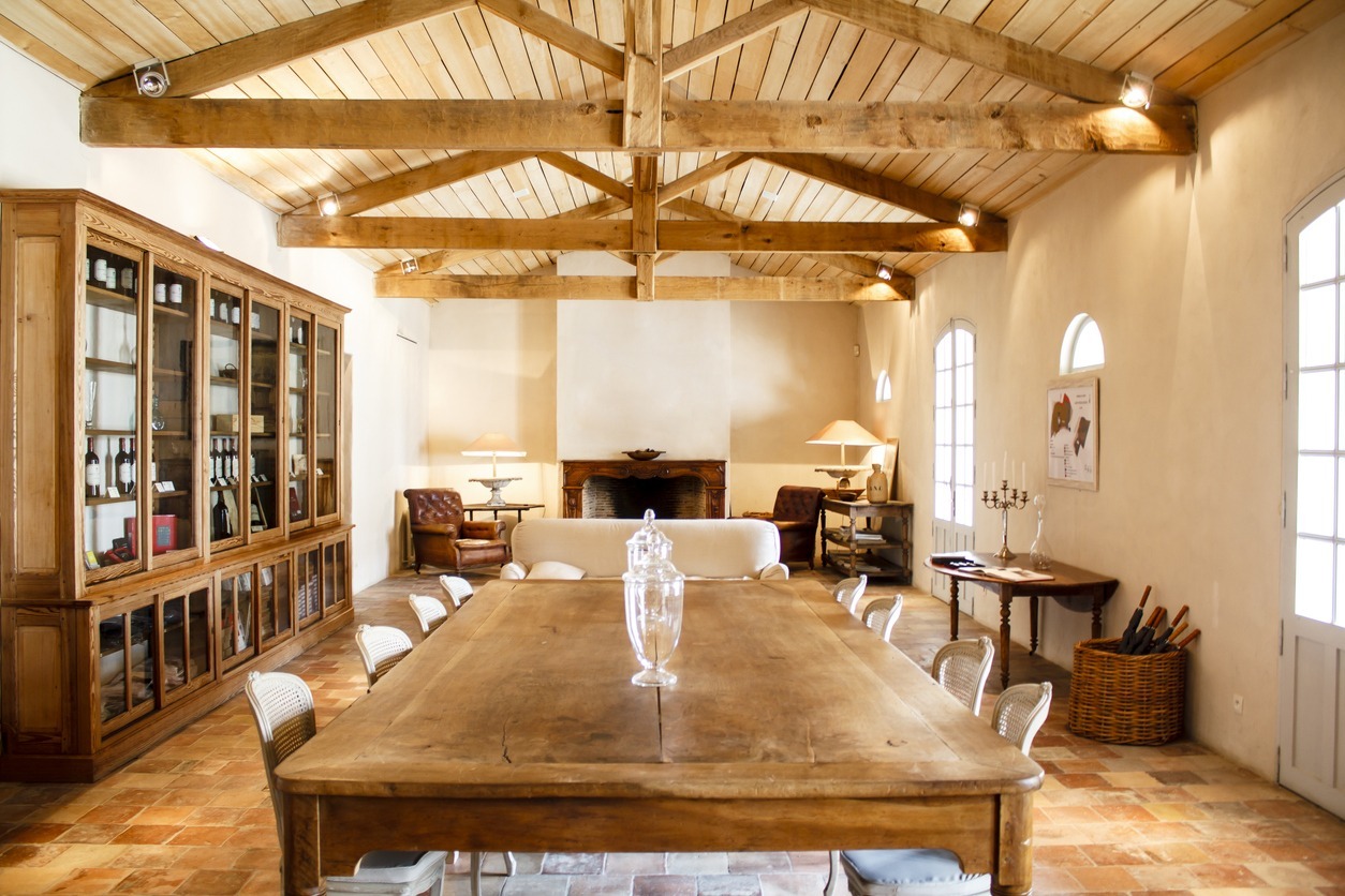 dining room with exposed ceiling beams