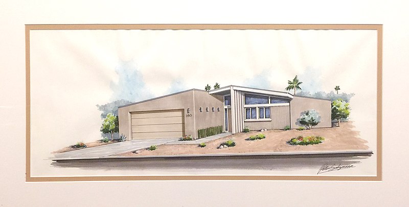 A painting of a mid-century modern house