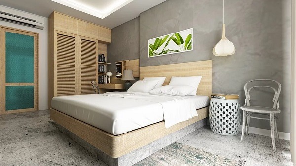 An interior view of a modern-style bedroom