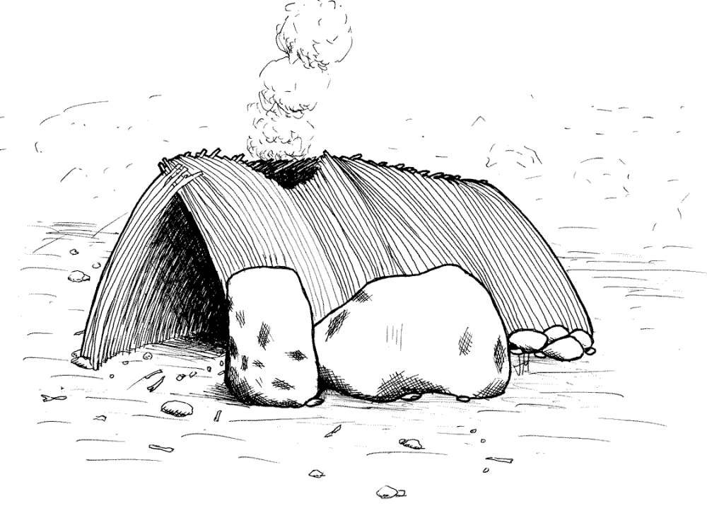 A temporary wood house during the Paleolithic era