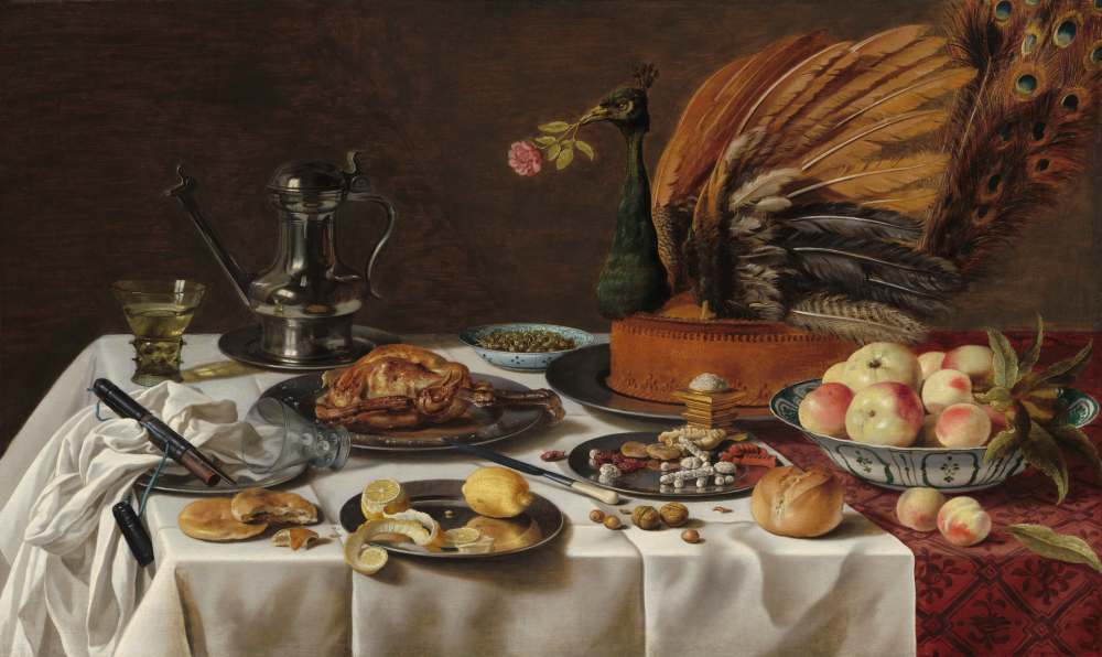 "Still life with a peacock pie" (1627) by Pieter Claesz
