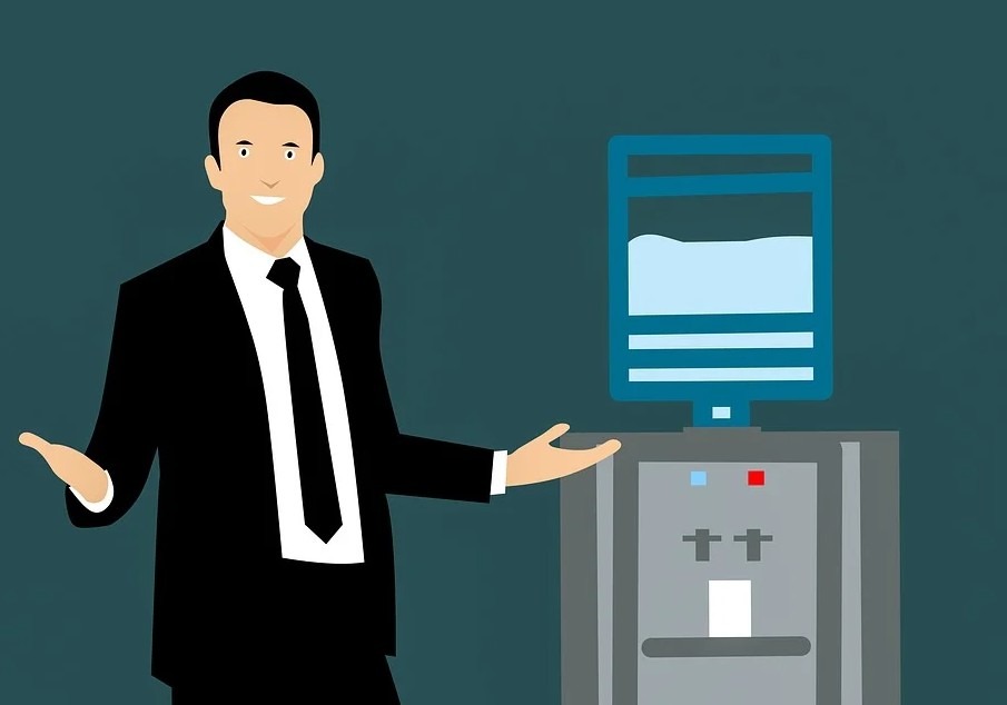 an animated portrayal of a man standing beside water filter system
