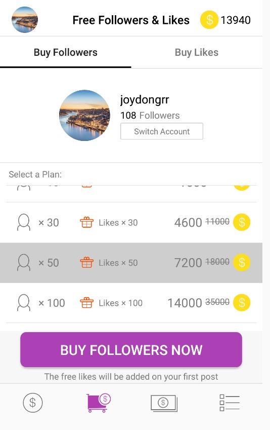 Select an Instagram account and publish a follower task or a like task for this account