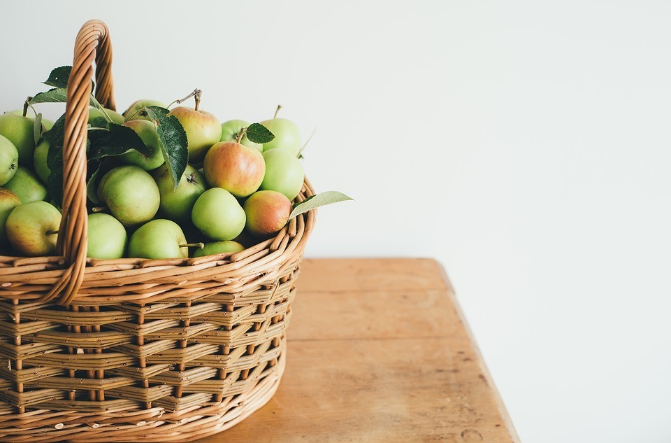 table, basket, fruits, white wall