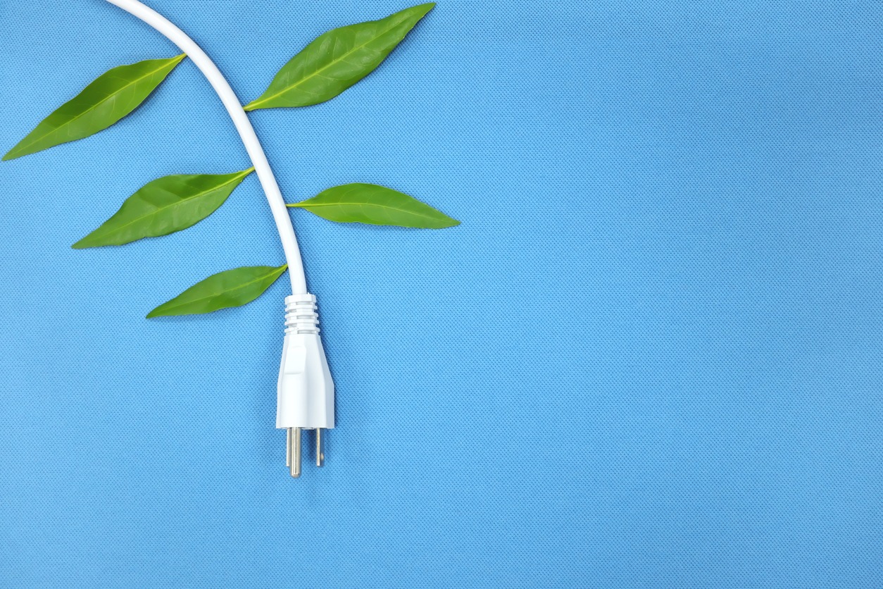 Electric plug with growing green leaves in blue background. Save electricity and alternative energy concept.