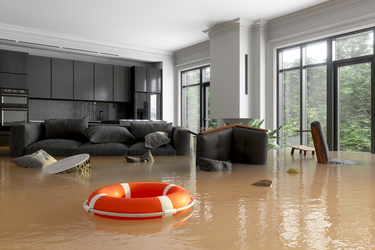 Flooded Living Room With Sofa, Armchairs And Life Buoy Floating On Water