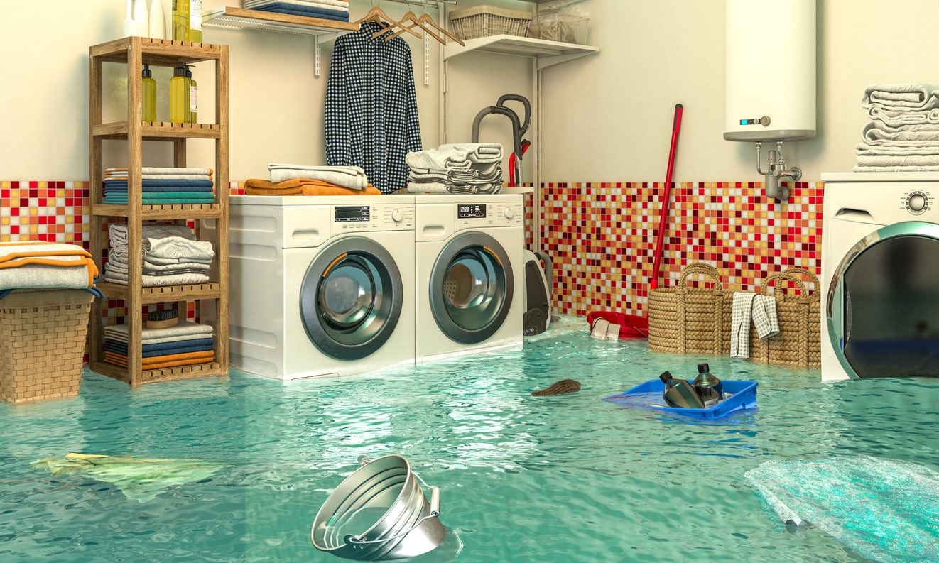 3d render image of an interior of a flooded laundry.