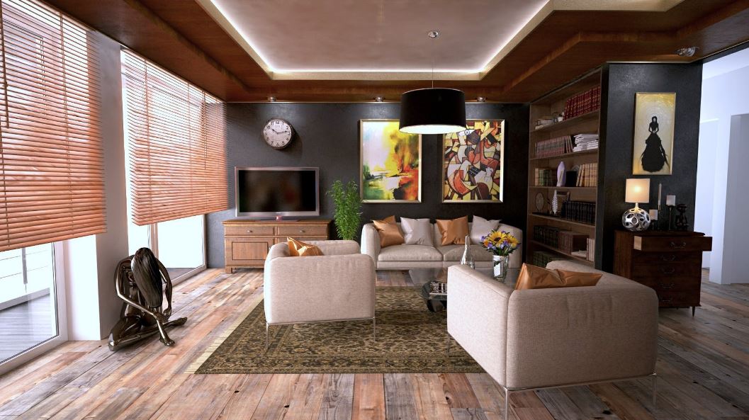 a living room interior with furniture and a rug