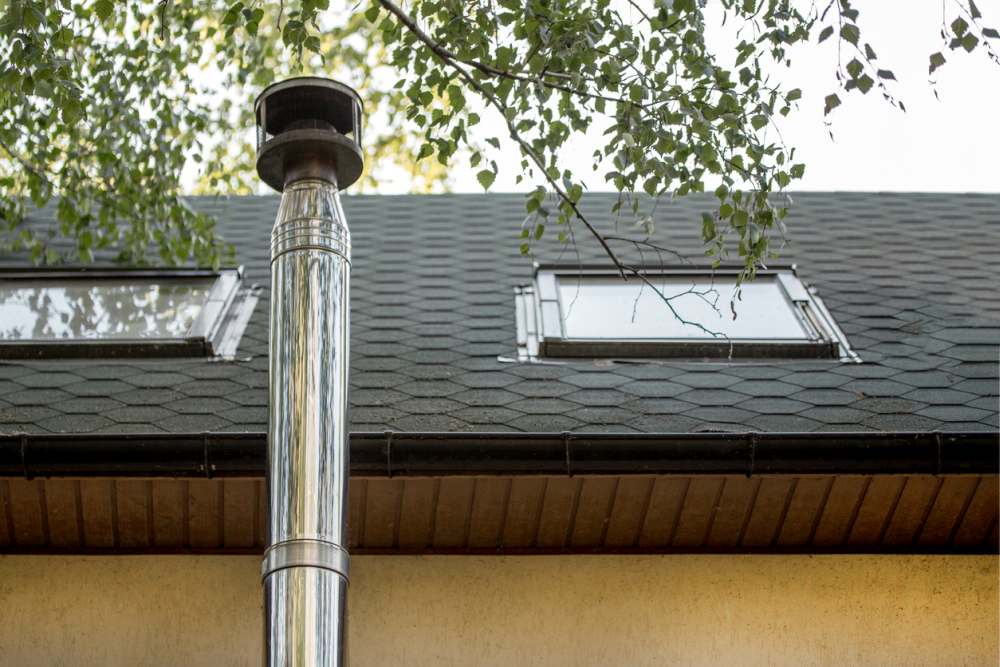 Metal chimney exhaust connected to vent stacks