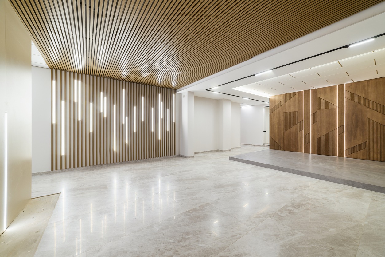 a commercial space with wooden ceiling design