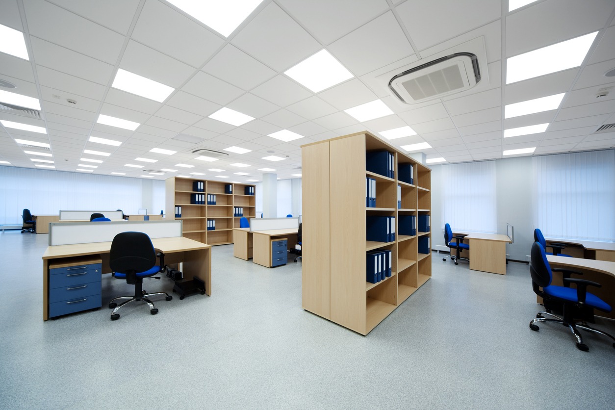 an office with suspended ceiling