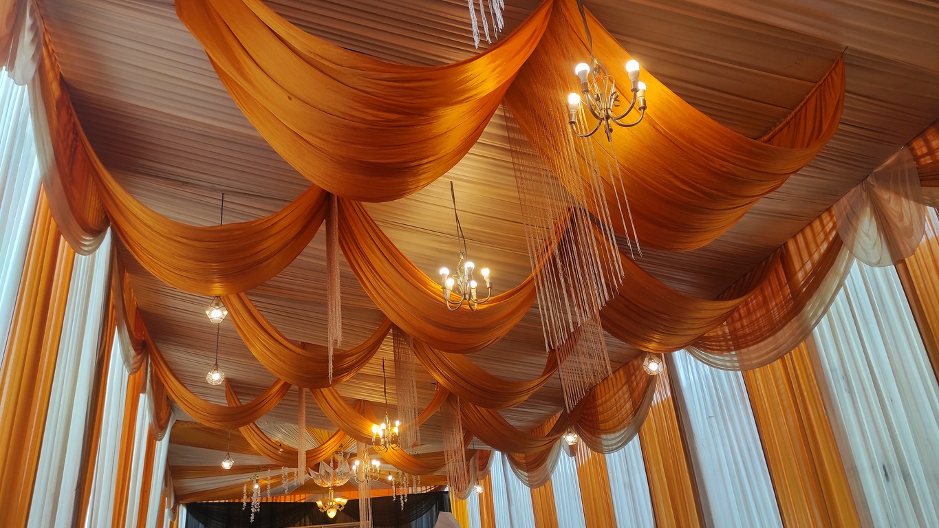 fabric hanging from the ceiling as decorations