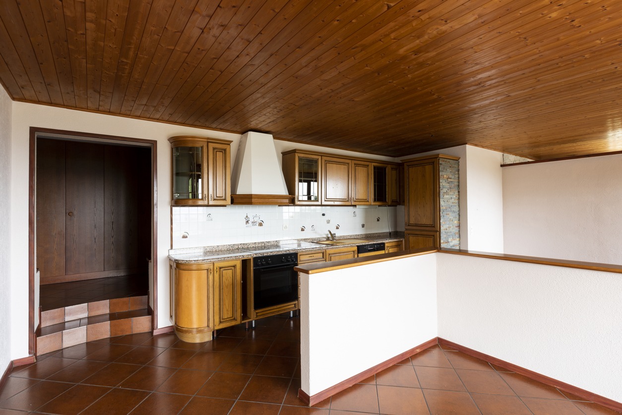 kitchen with planked wood ceiling