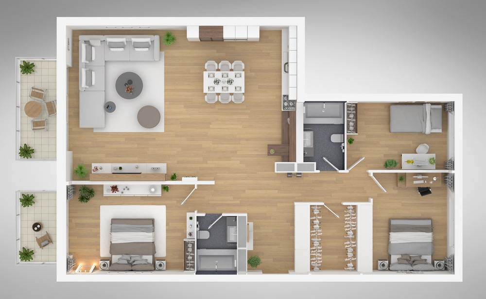 Home floor plan top view 3D illustration. Open concept living ap