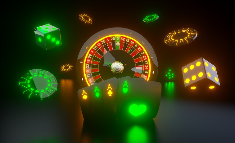 Futuristic Black And Orange, Green Neon Roulette Wheel, Four Aces, Chips And Dices - 3D Illustration