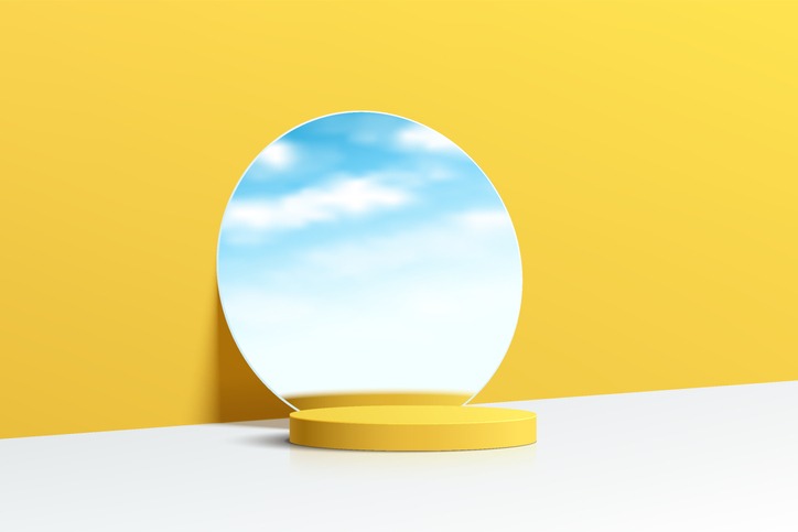 Realistic yellow and white 3D cylinder pedestal podium with cloud blue sky in mirror glass. Minimal scene for products showcase, Stage promotion display. Vector abstract studio room platform design.