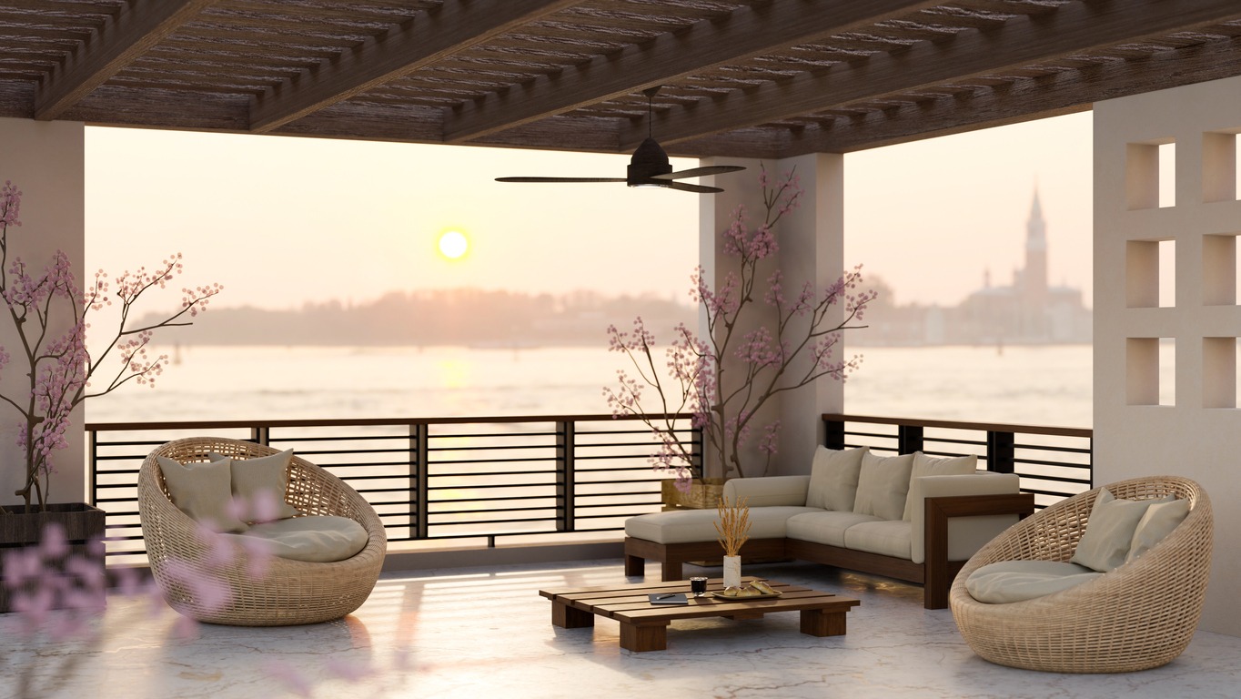 a veranda with a ceiling fan