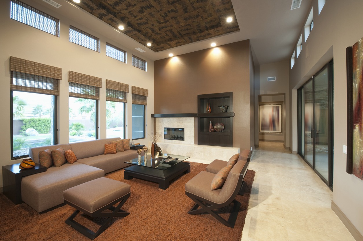 living room with interesting high ceiling finish