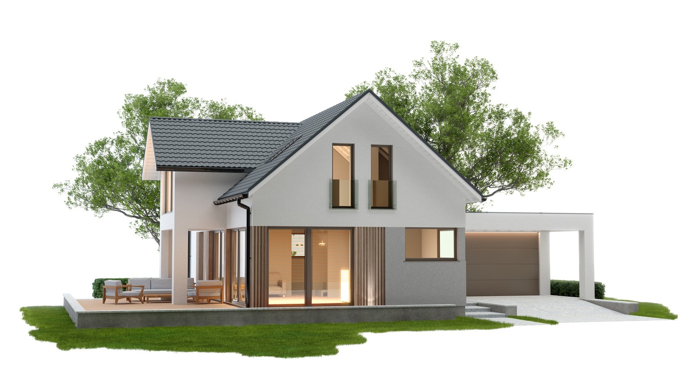 a 3D illustration of a house on the grass