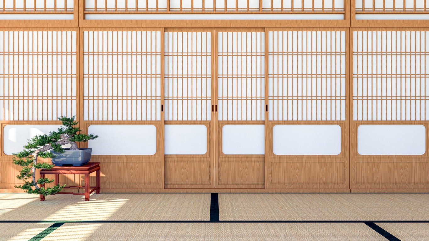 Japanese traditional style room interior with Shoji sliding door and Tatami mat floor