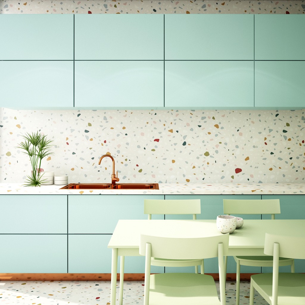 a kitchen interior with terrazzo floor and walls