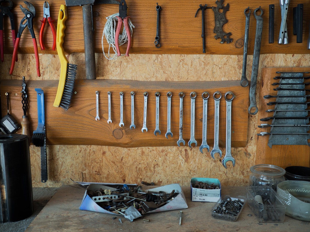 Set of frequently used tools mounted in the wall