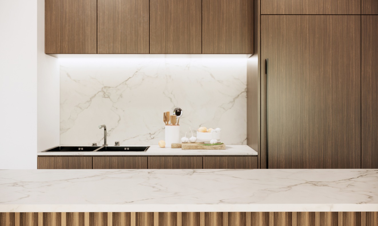kitchen counter, close-up, home showcase interior, marble, rock, indoors, apartment, kitchen, cabinet, empty, light, natural phenomenon, modern, textured, wood, material, architecture, art, color image