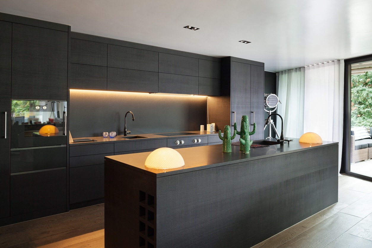 kitchen, modern, black color, lighting equipment, luxury, indoors, cabinet, design, furniture, domestic life, fashion, home interior, home décor, elegance, kitchen island, fashionable, house, ceiling
