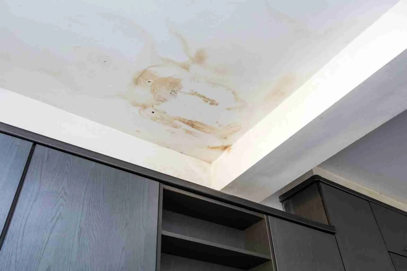 Roof leakage, water damaged ceiling roof and stain on ceiling close-up