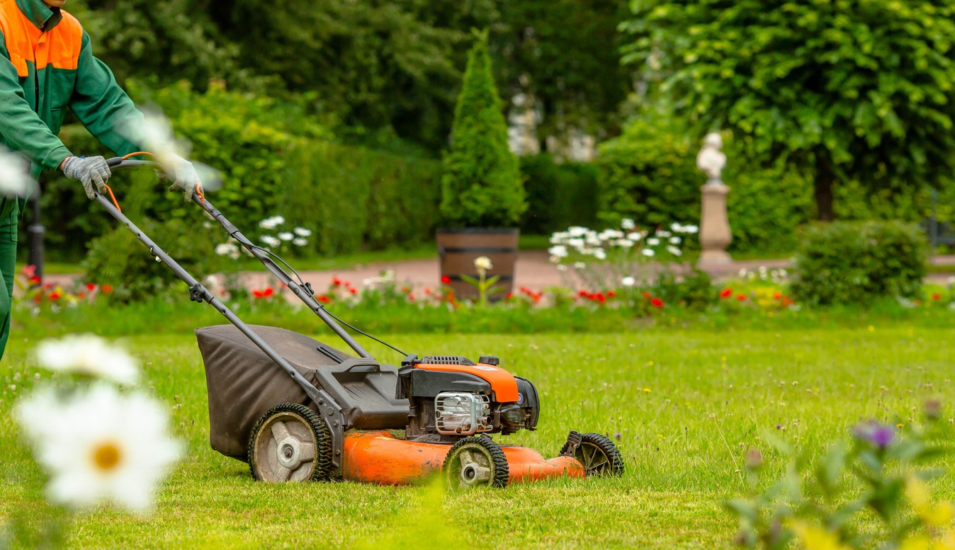A human lawn mower cuts the grass in the backyard. Agricultural machinery for the care of the garden.