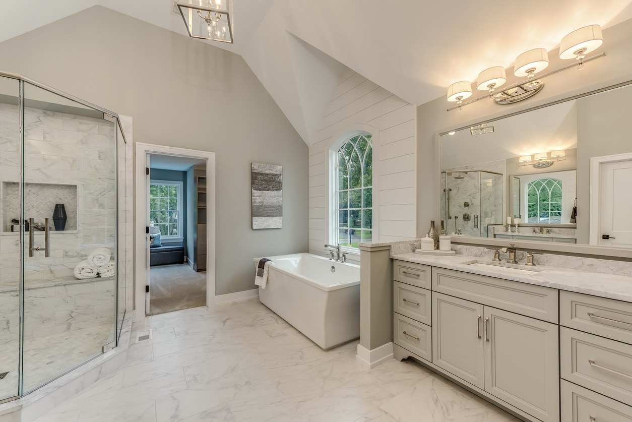 Master bathroom with high ceiling and big shower