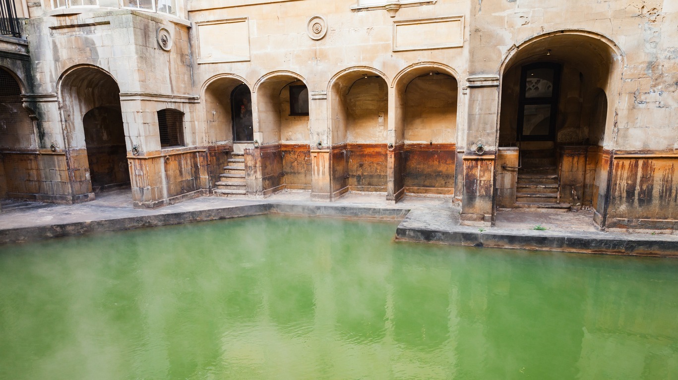 Roman baths of Bath, Somerset. Inner pool view on a sunny day