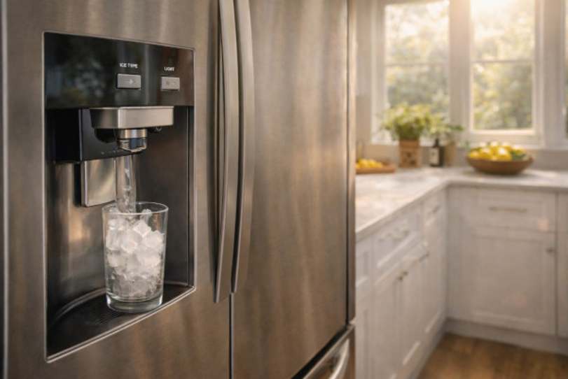 Stainless steel refrigerator with the door closed, dispensing fresh ice into a clear glass in a bright, sunlit kitchen with white cabinetry and warm summer light streaming through a nearby window
